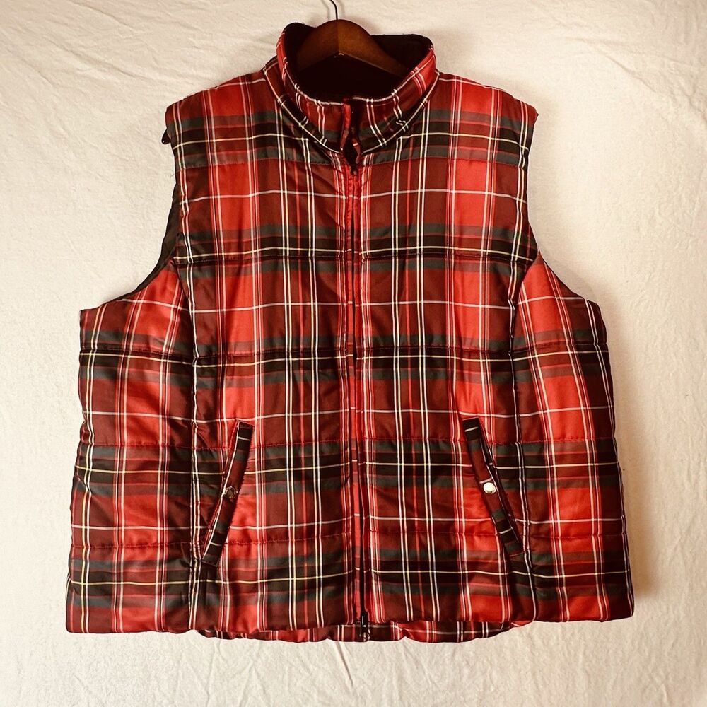 Chaps Ralph Lauren Men’s 3XL Zip Up Vest Red Plaid Pockets Festive Holiday Look